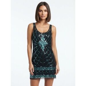 Chelsea & Violet Black Turquoise Sequin Mesh Racerback Tunic Top Size L NEW